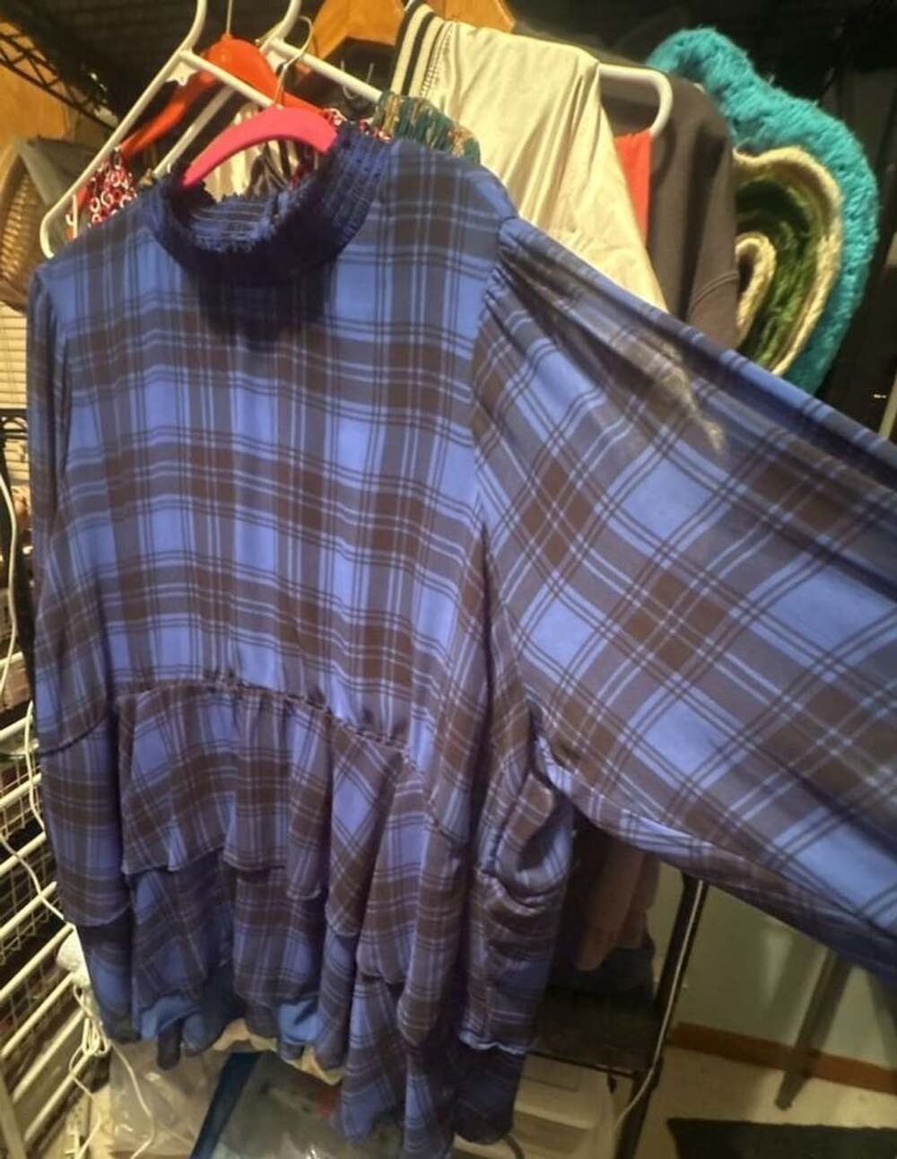 Torrid Blue Black Plaid Crinkle Chiffon Smock Neck Ruffle Tiered Top Size 5